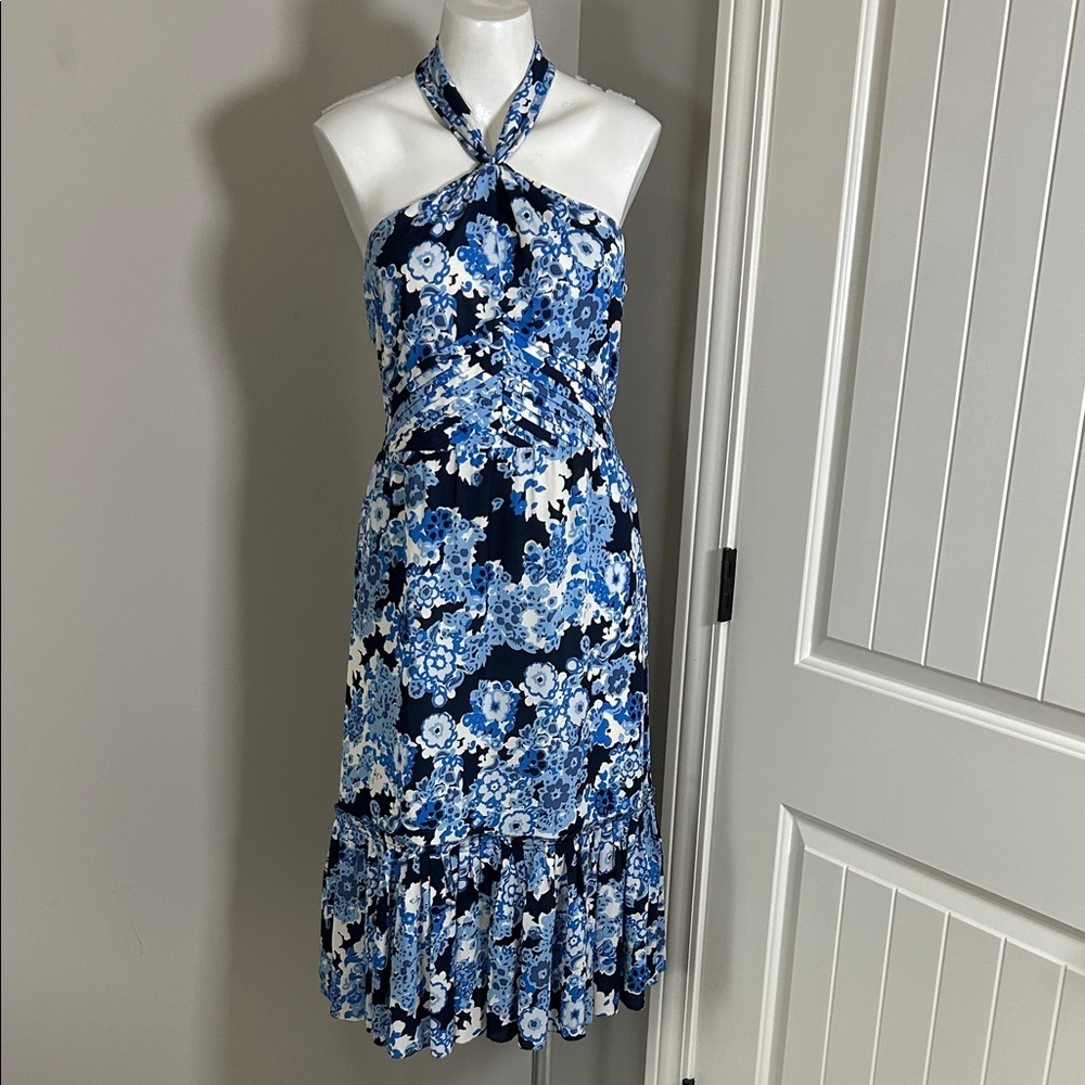 Tory Burch Silk Halter Neck Midi Dress Blue Floral Side Zip Pleated Sz 4 - Picture 2 of 16